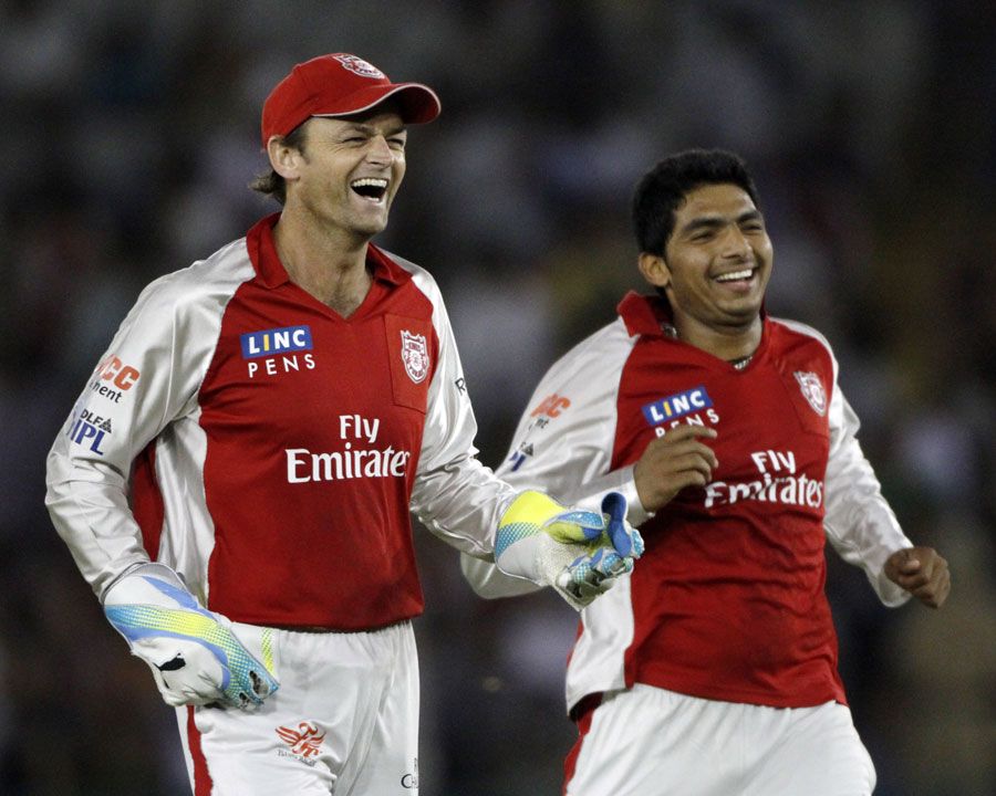 Adam Gilchrist and Bhargav Bhatt celebrate the dismissal of Ashok Menaria