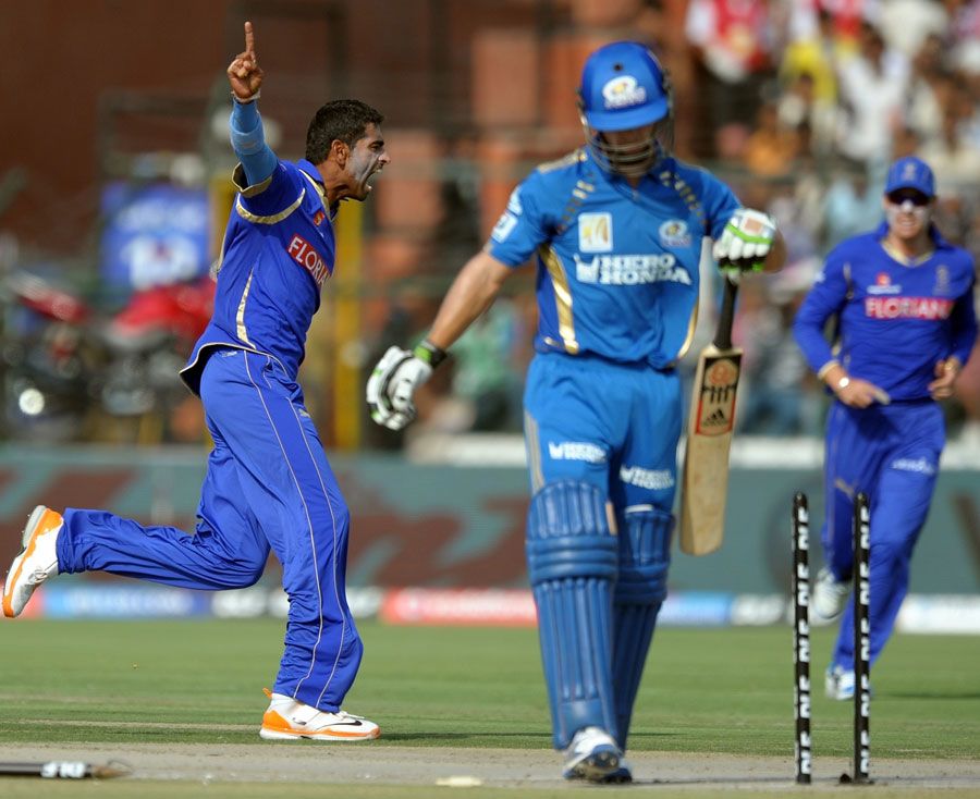 Amit Singh celebrates after disturbing Davy Jacobs' stumps