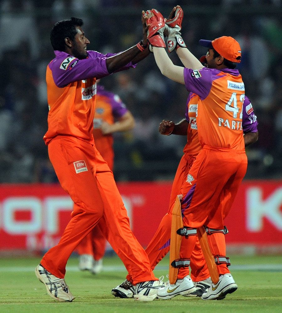 Prasanth Parameswaran celebrates his first IPL wicket 