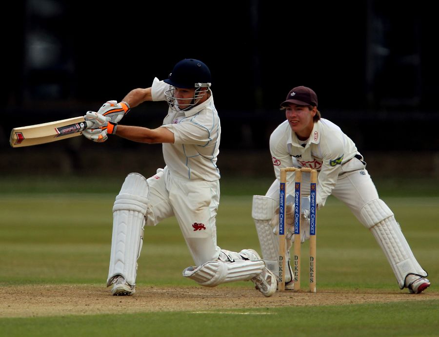 Paul Best cracks a boundary during a century that ensured Cambridge MCCU's first-innings lead over Surrey