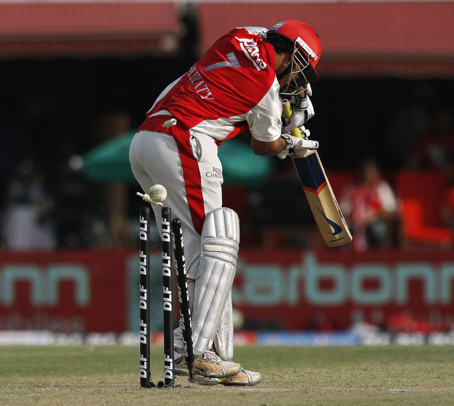 Paul Valthaty's off stump is uprooted 