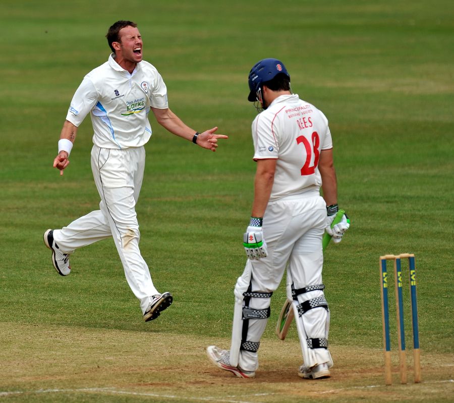 Tony Palladino celebrates a wicket against Glamorgan
