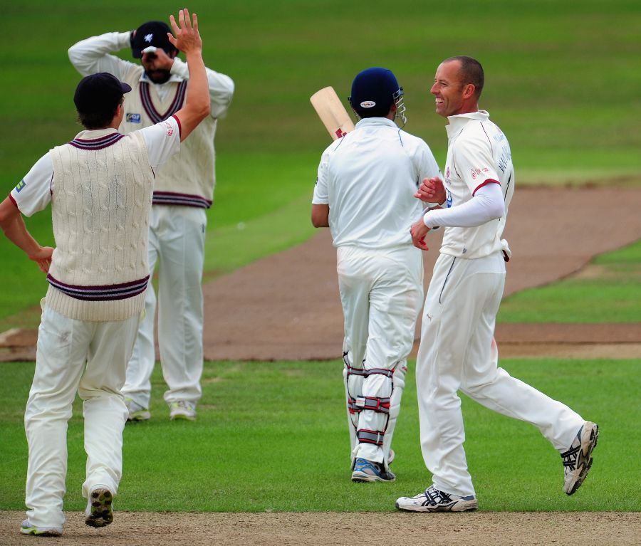 Charl Willoughby celebrates a wicket against India