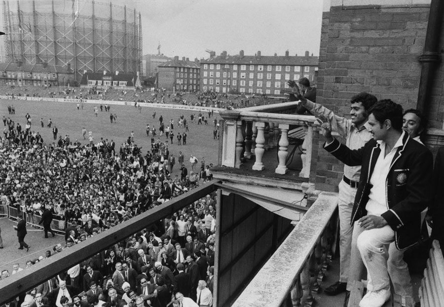 Ajit Wadekar and BS Chandrasekhar celebrate India's win
