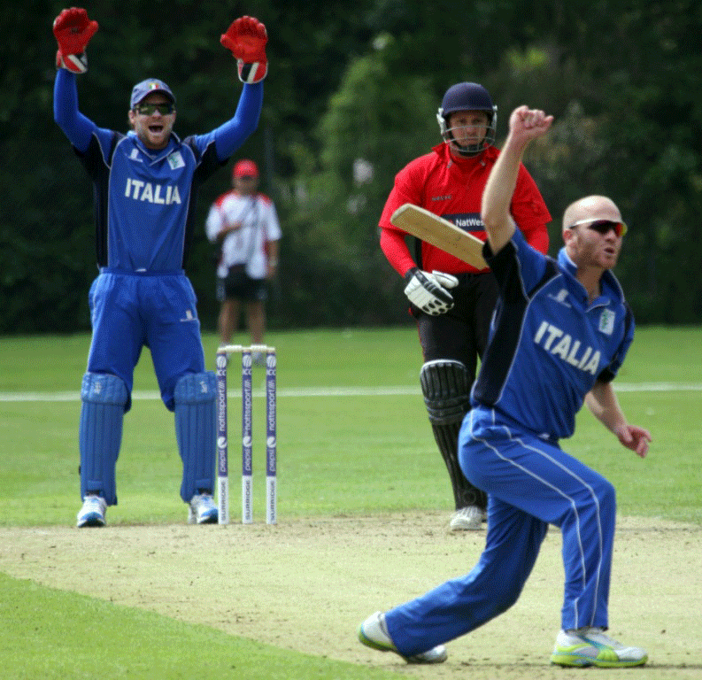 Italy's Hayden Patrizi and Andrew Northcote appeal for an lbw