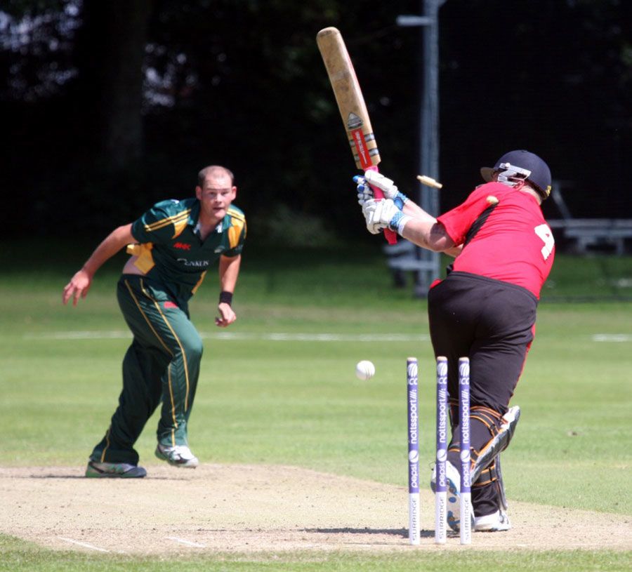 David Coram is bowled by Jamie Nussbaumer for 36
