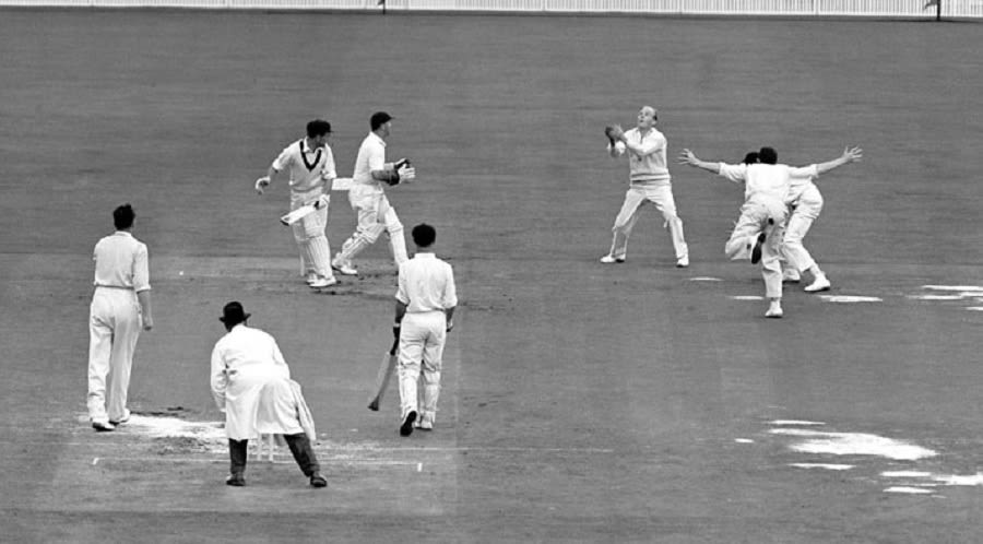 Tony Lock catches Jim Burke for 33 off Jim Laker