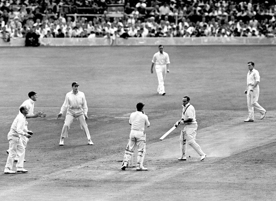 Ian Johnson is bowled for a duck by Jim Laker