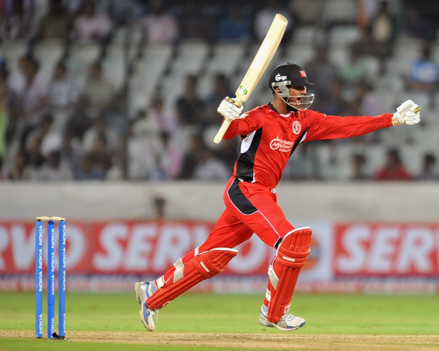 Sherwin Ganga celebrates after hitting the winning runs