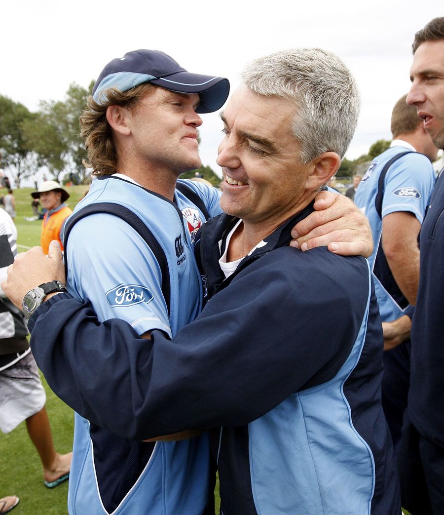 Lou Vincent hugs coach Paul Strang after Auckland's victory in the one-day final