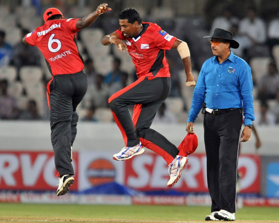 Janaka Gunaratne is ecstatic after dismissing Jacques Du Toit