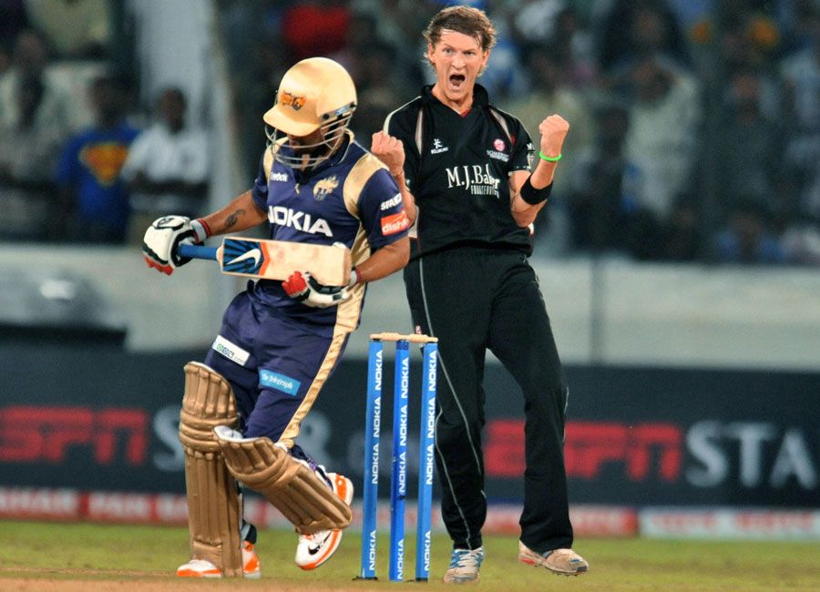Max Waller celebrates the dismissal of Shreevats Goswami
