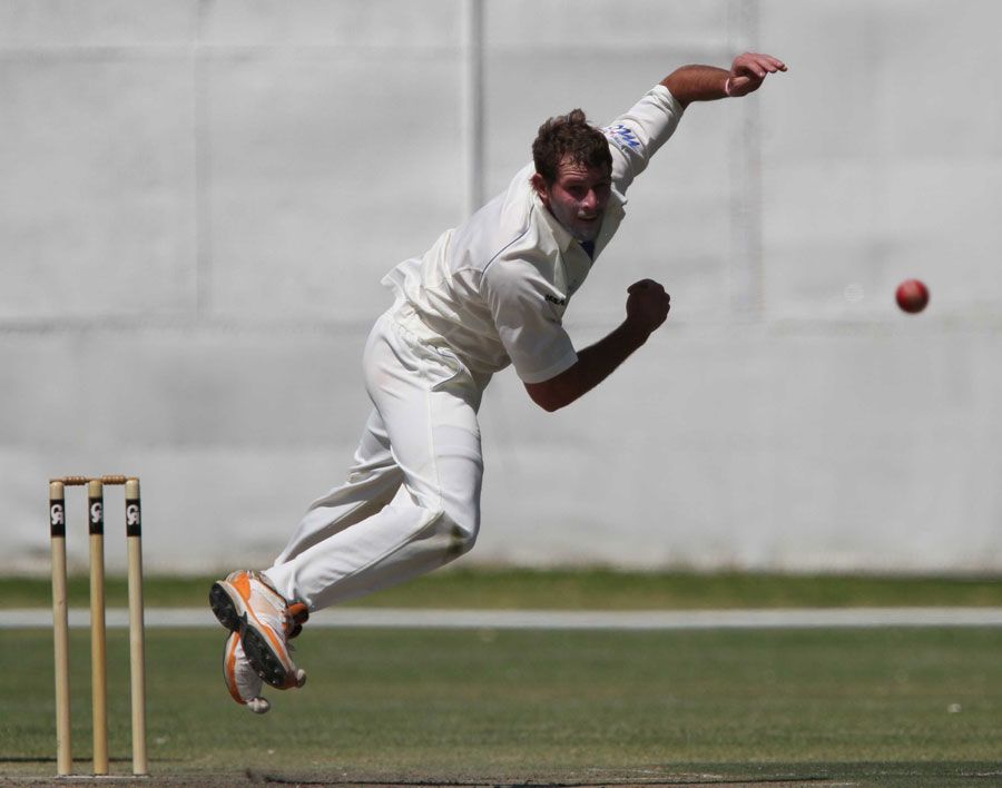 Namibia's Louis Klazinga in his delivery stride