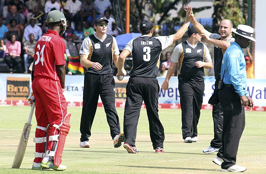 Luke Woodcock celebrates the wicket of Forster Mutizwa