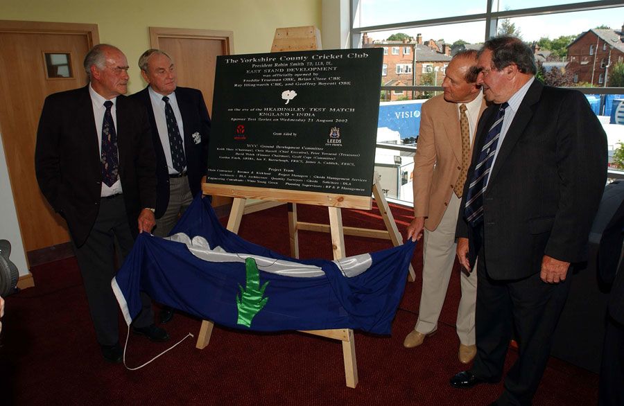 Former Yorkshire players Ray Illingworth, Brian Close, Fred Trueman and Geoff Boycott unveil the plaque for the new east stand at Headingley
