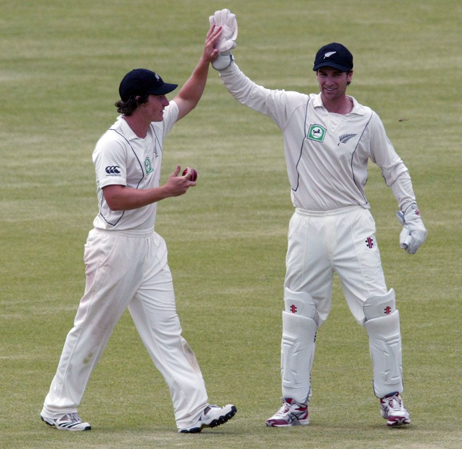 BJ Watling and Reece Young high-five after they think they have dismissed Brendan Taylor