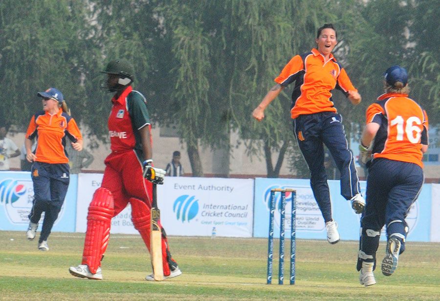 Kerry-Anne Tomlinson celebrates a dismissal,