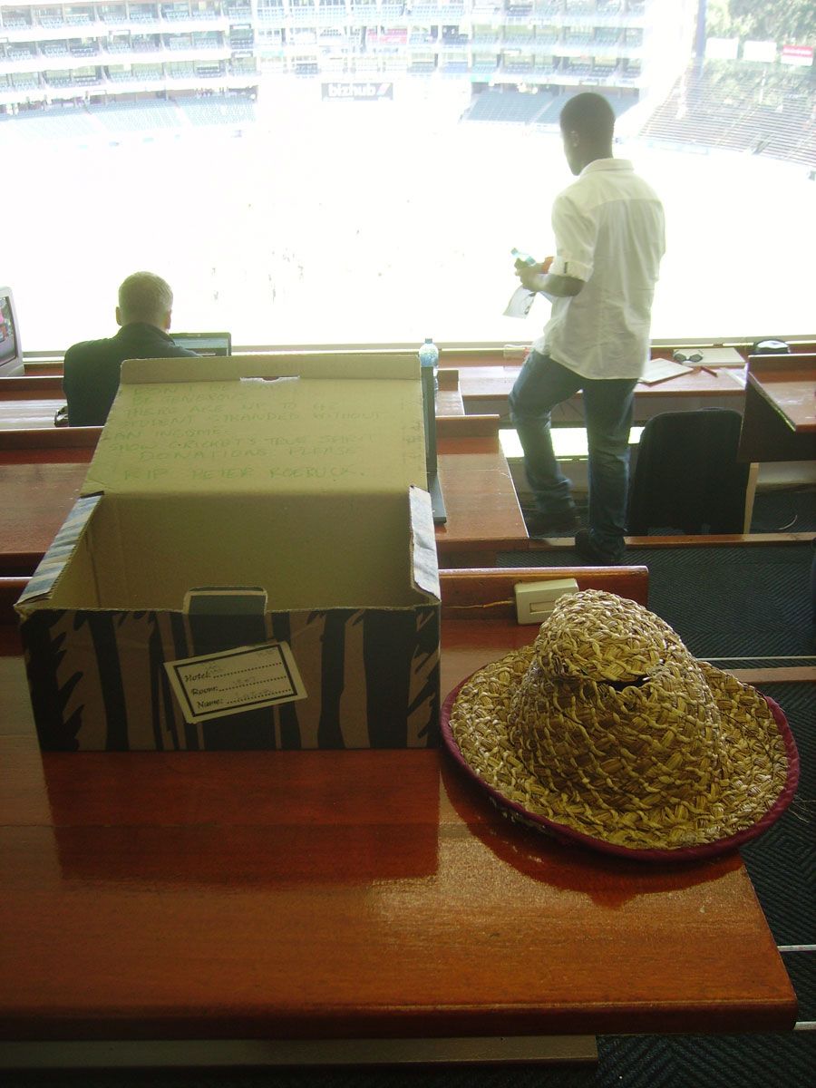 Peter Roebuck's hat sits on a desk in the press box at the Wanderers