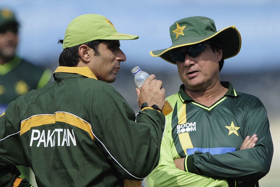 Misbah-ul-Haq and Mohsin Khan chat during practice