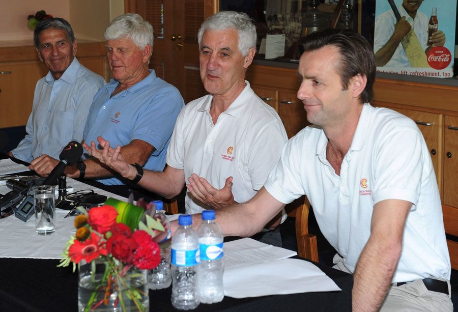 John Stephenson, Mike Brearley, Barry Richards and Majid Khan at the MCC World Cricket Committee conference