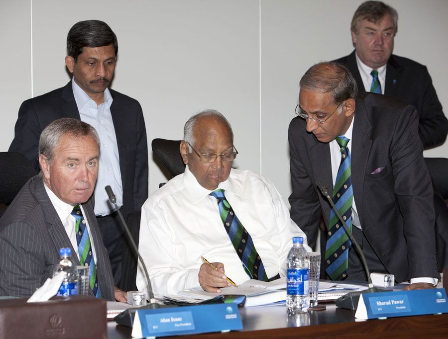 Sharad Pawar, Haroon Lorgat and Alan Isaac convene ahead of the ICC Executive Board meeting