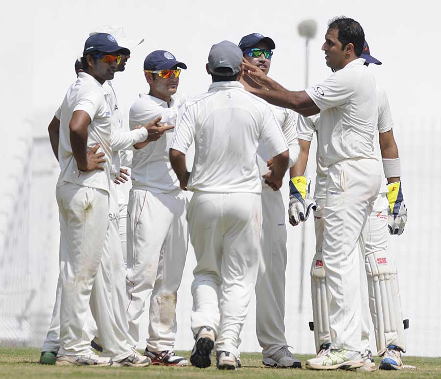 TP Sudhindra celebrates a wicket