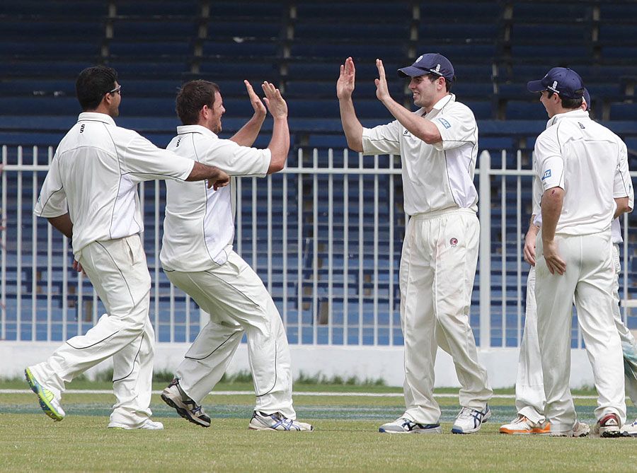 Gordon Goudie celebrates one of his three wickets