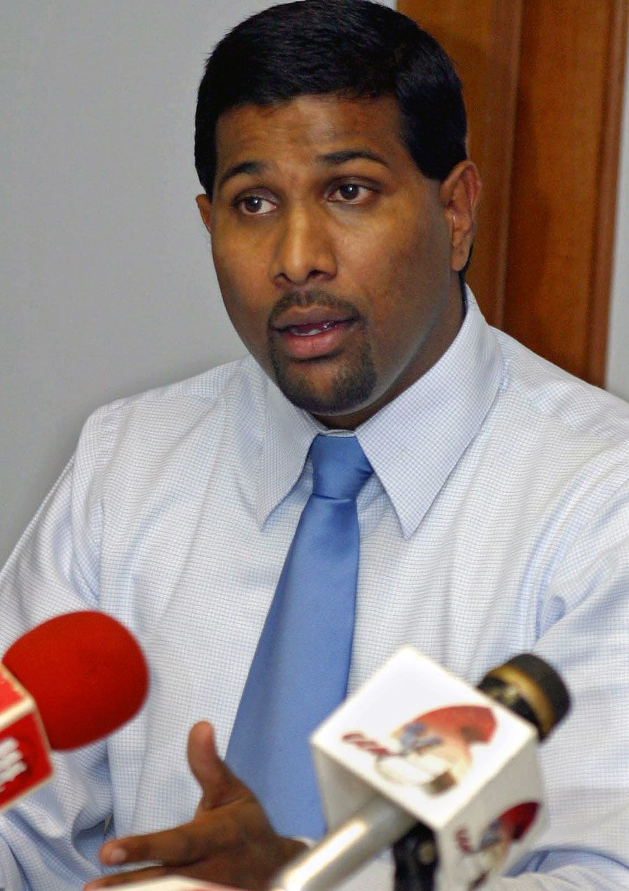 Dinanath Ramnarine, the West Indies Players Association chief, speaks to the press