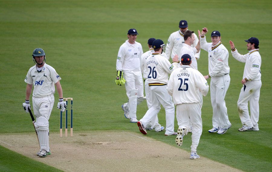 Durham celebrate Callum Thorpe dismissing Neil Edwards