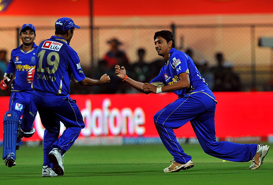 Siddharth Trivedi celebrates one of his four wickets