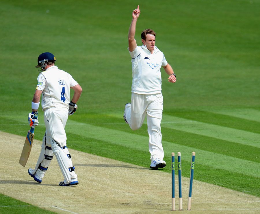 James Anyon celebrates after bowling Ian Bell