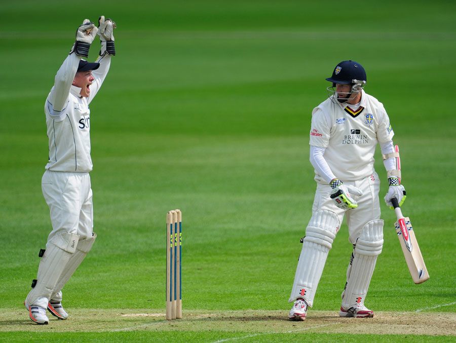 Tim Ambrose appeals successfully for the wicket of Dale Benkenstein