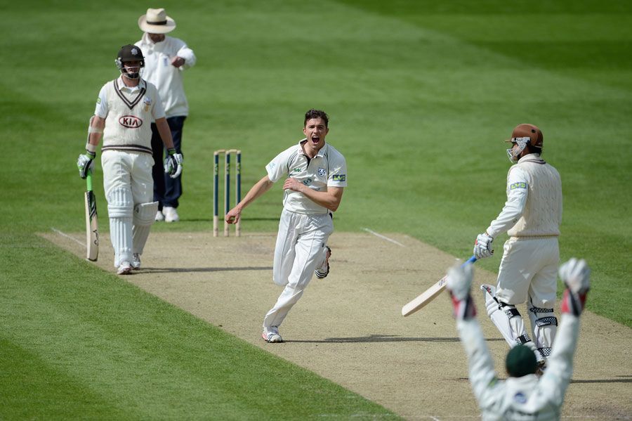 Richard Jones celebrates after dismissing Mark Ramprakash for a pair