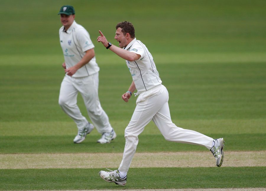 David Lucas celebrates taking the wicket of Arul Suppiah