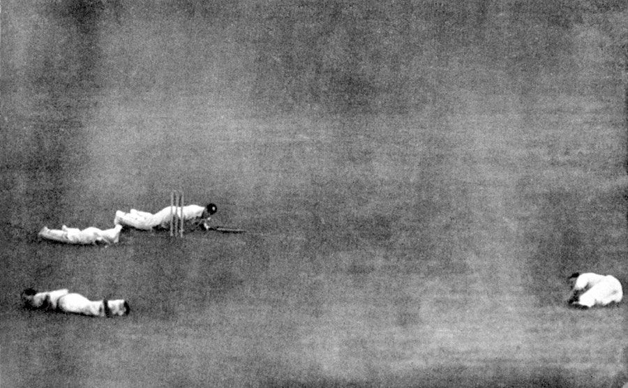 Players lay down on the ground when a German flying bomb was expected to land at Lord's