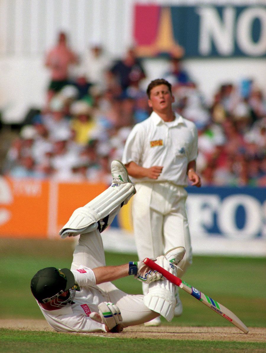 Peter Kirsten is hit by a bouncer from Darren Gough