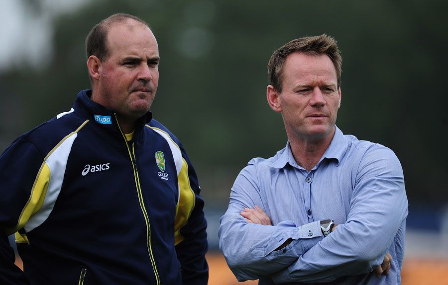 Mickey Arthur and Pat Howard observe the Australia warm up