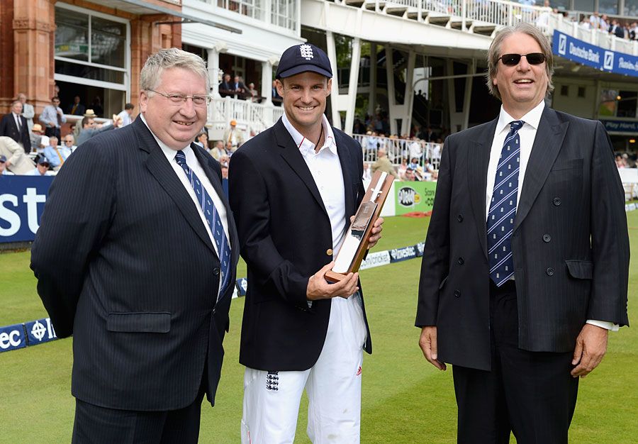 Andrew Strauss was presented with mementos of his 100th Test by David Collier and Giles Clarke