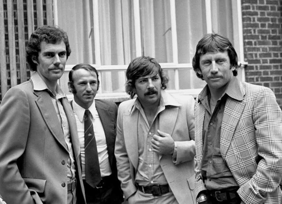 Greg Chappell, Doug Walters, Rod Marsh and Ian Chappell outside their Kensington hotel