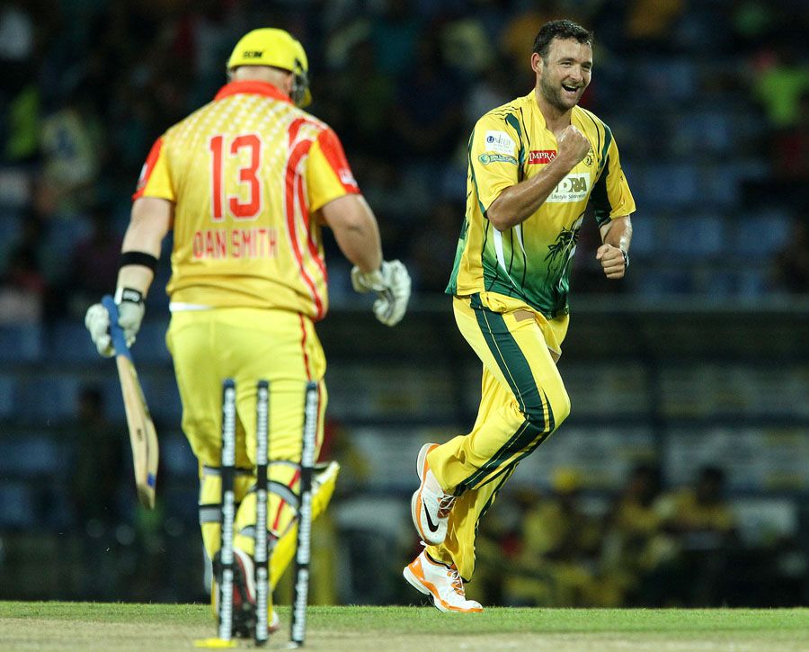 Dillon du Preez celebrates after getting Basnahira opener Daniel Smith bowled in the first over