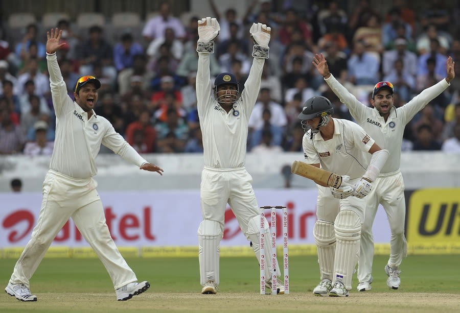 Indian fielders appeal for lbw against Chris Martin
