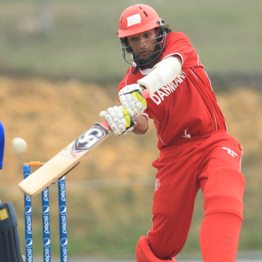 Denmark's Aftab Ahmed plays a shot