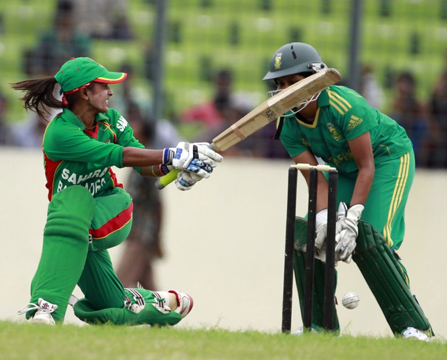 Bangladesh's Lata Mondal plays a sweep shot