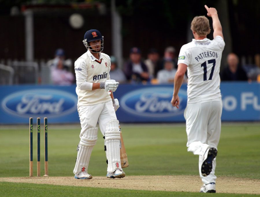Steven Patterson celebrates bowling Jaik Mickleburgh for 4
