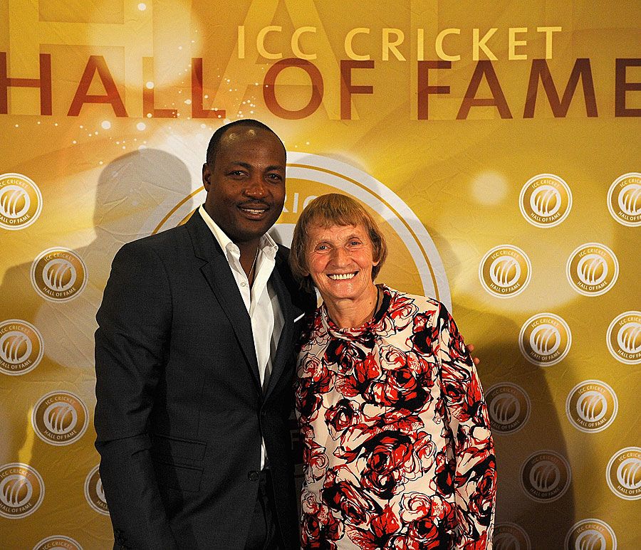 Brian Lara with Enid Bakewell of England, after being inducted into the Hall of Fame