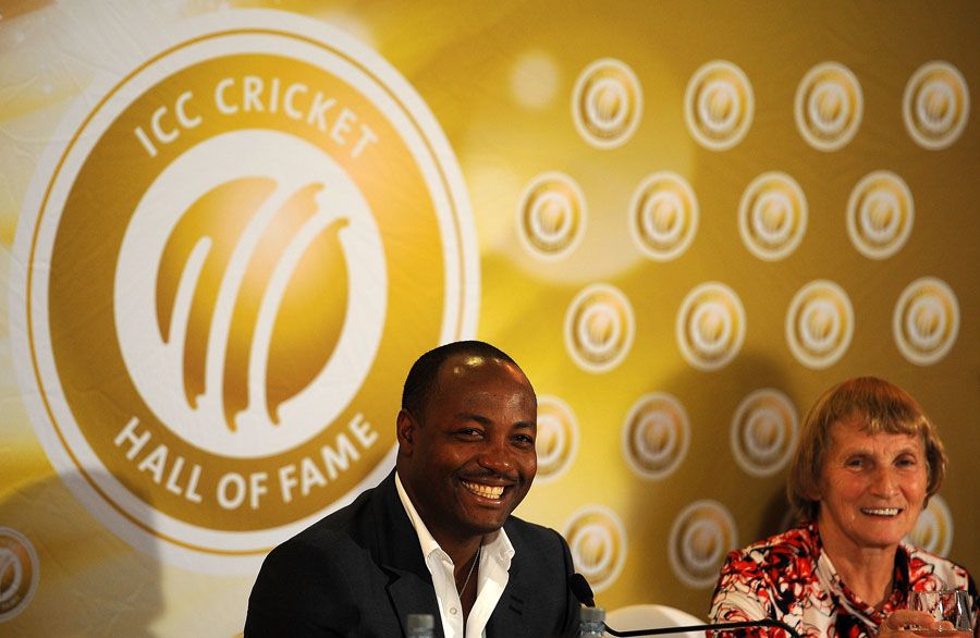 Brian Lara and Enid Bakewell address the media after being inducted into the Hall of Fame