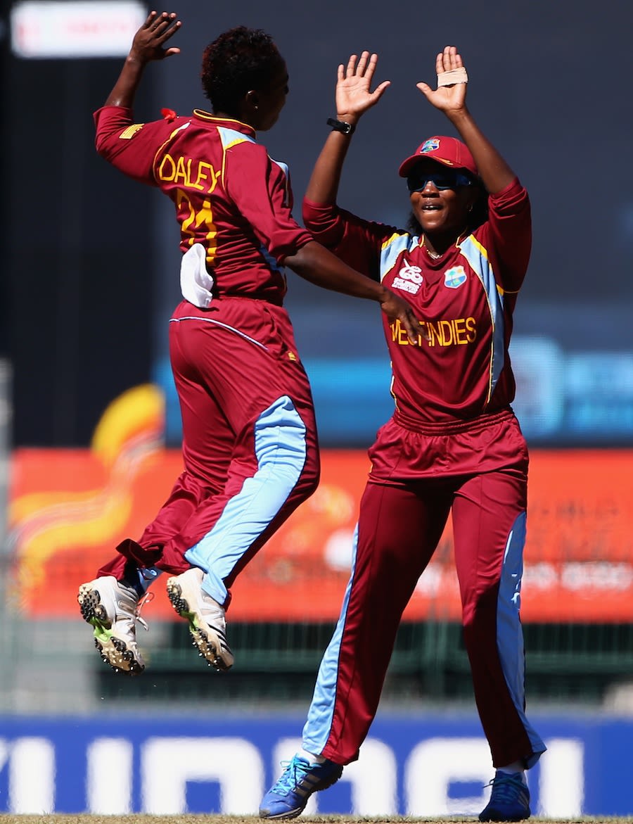 Shanel Daley jumps with joy after picking a wicket