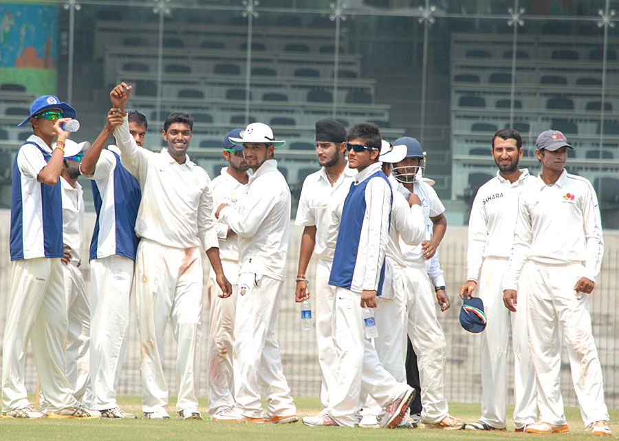 West Zone players celebrate Kamlesh Makvana's match haul of 10