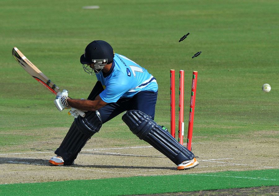 Ronnie Hira is bowled attempting an unorthodox shot