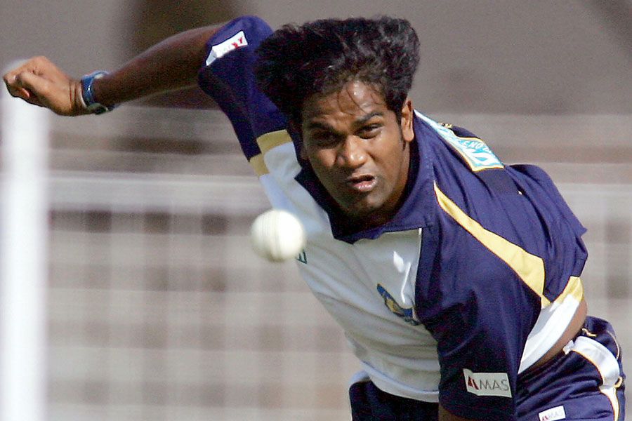 Nuwan Zoysa bowls during a nets session